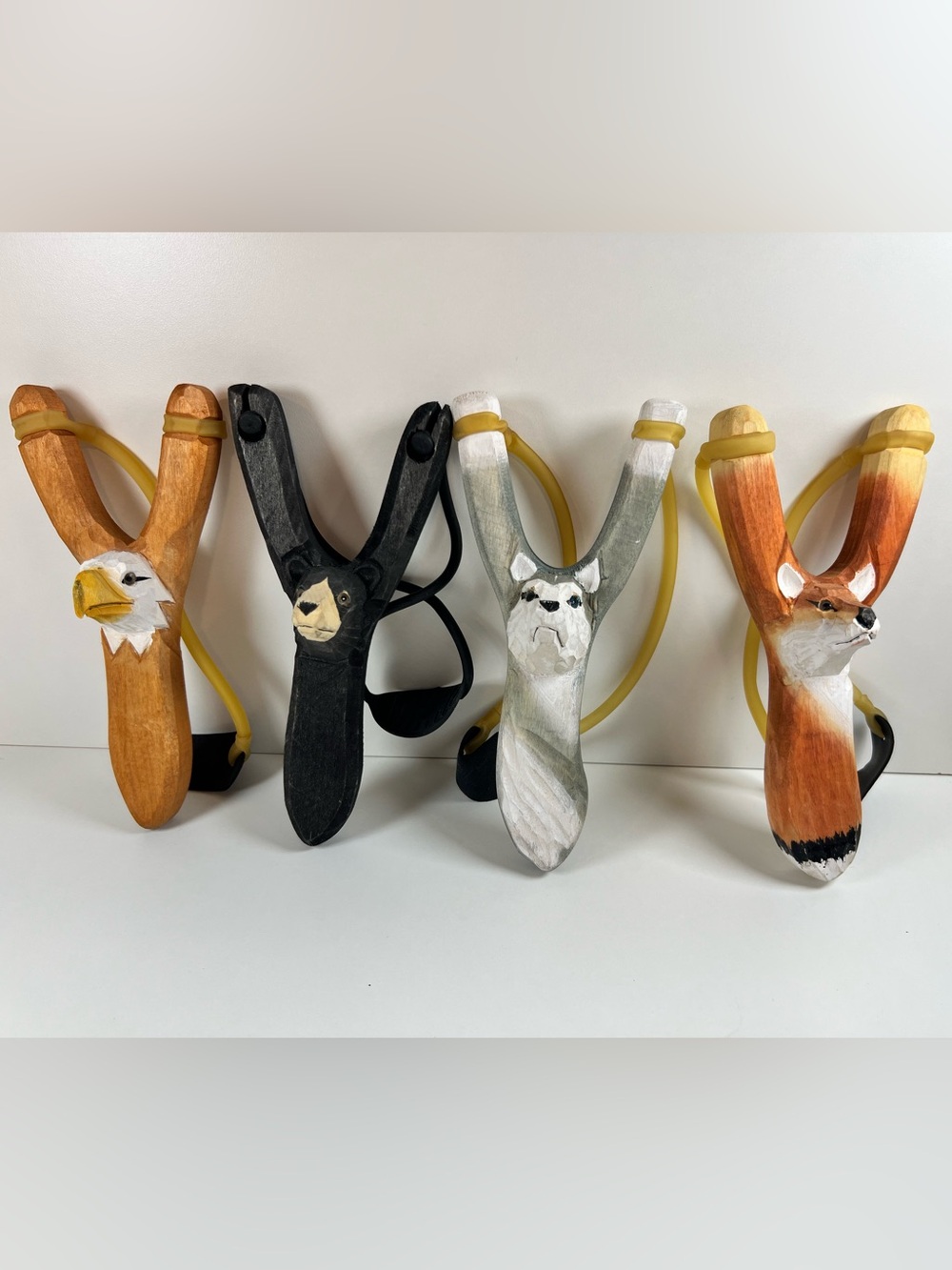 Heirloom Hand Carved Woodland Wood Slingshot Fox Bear Wolf Eagle
